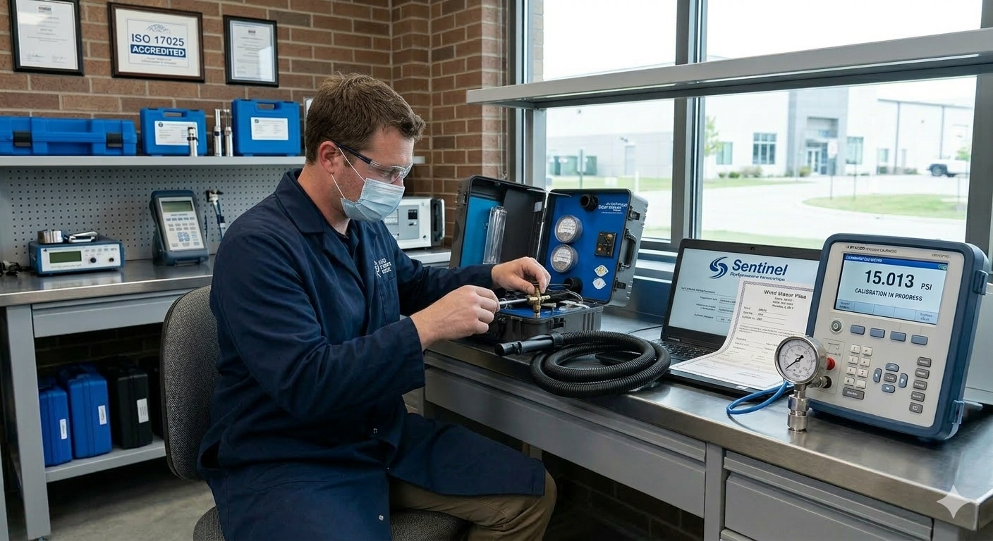 Sentinel Performance Innovation technician calibrating spray rack equipment
